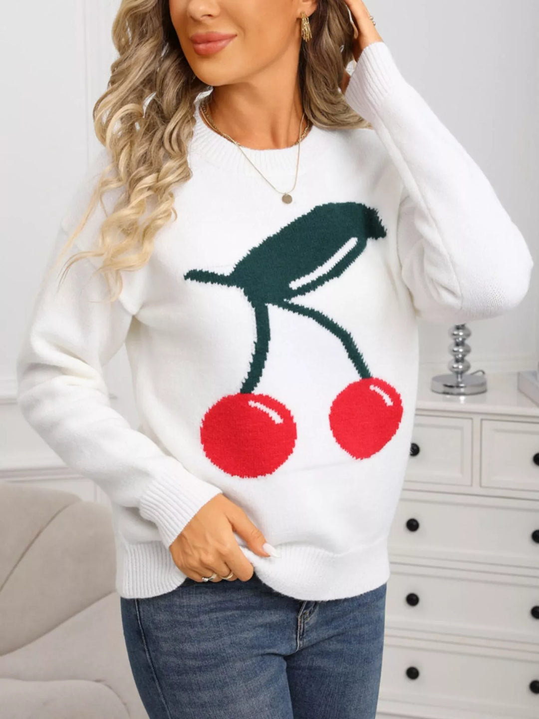 Cherry motif crew neck long sleeve knit sweater