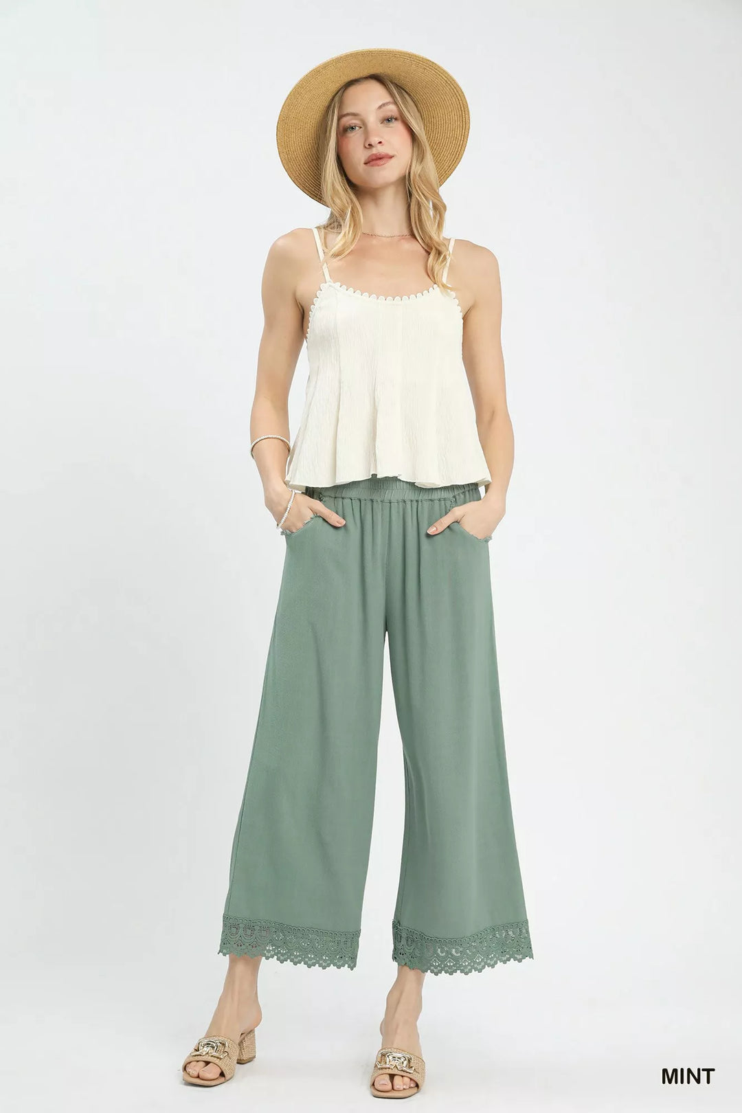 Wide-leg cropped linen pants with lace hem trim