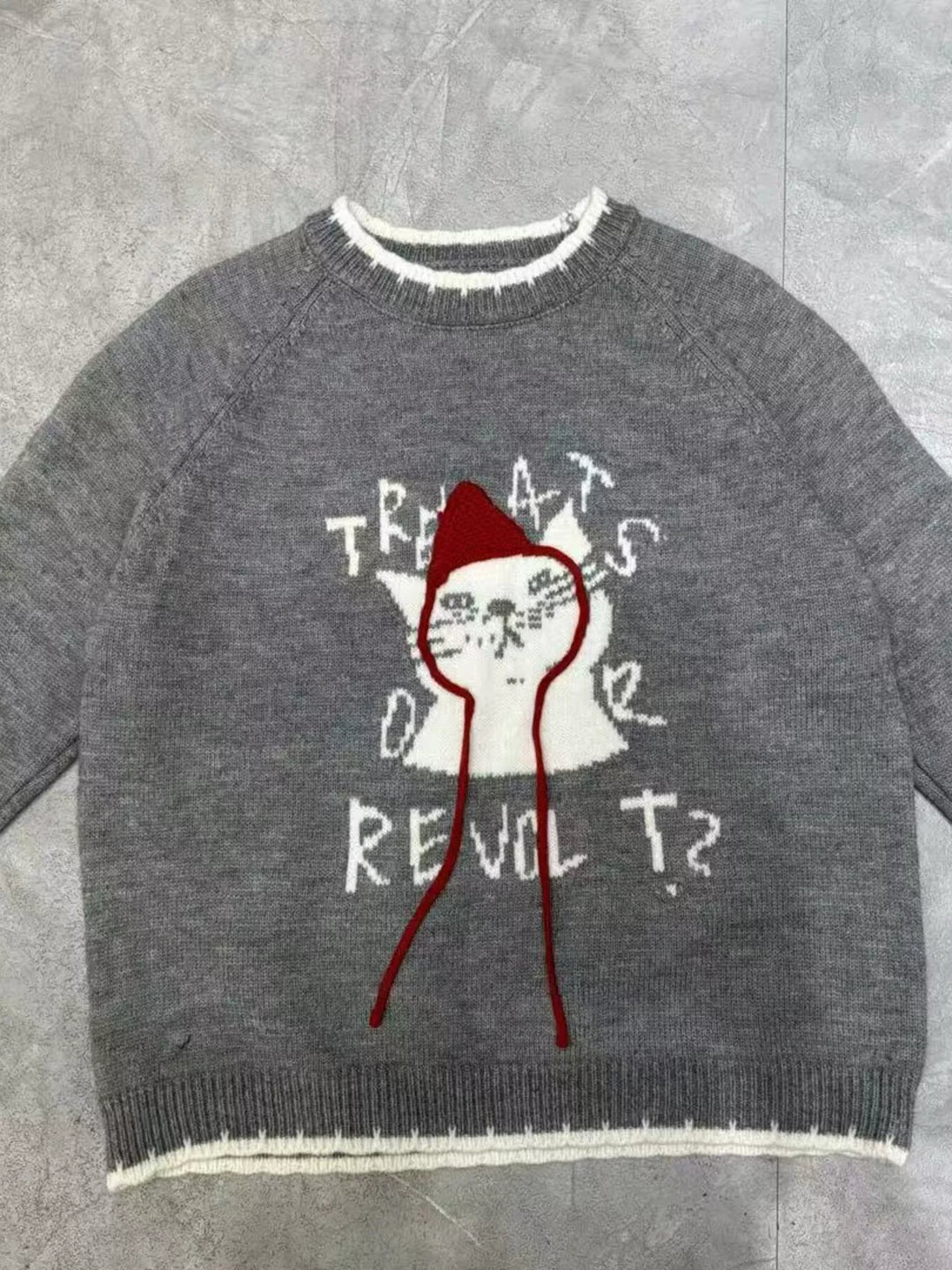 Cat graphic raglan sleeve knit sweater with contrast trim