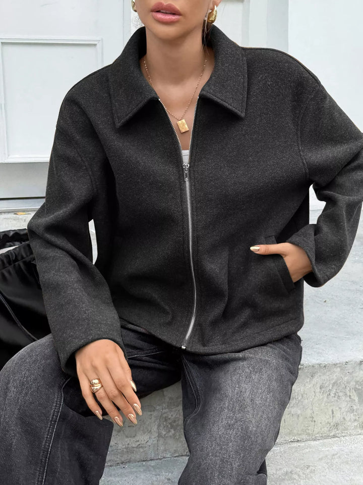 Black Zip-up dropped shoulder jacket with collar