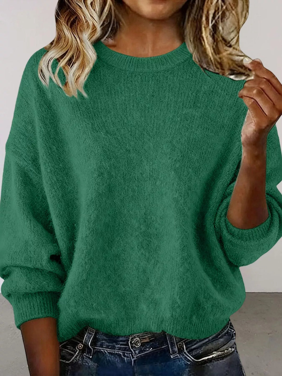Green Dropped-shoulder crew neck knit sweater with ribbed trim