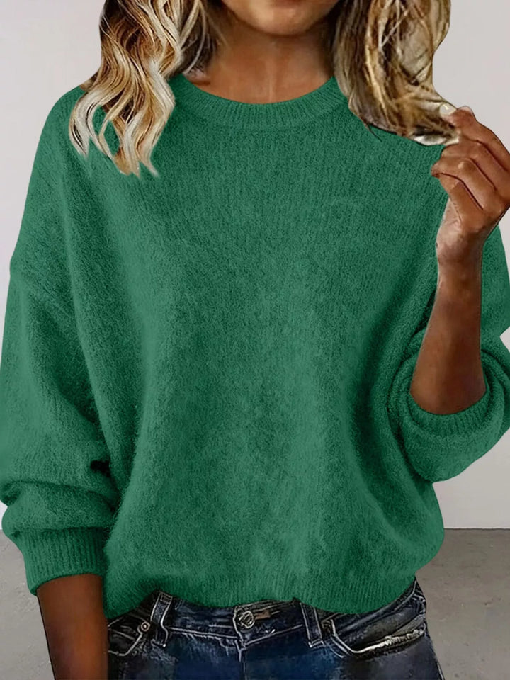Green Dropped-shoulder crew neck knit sweater with ribbed trim