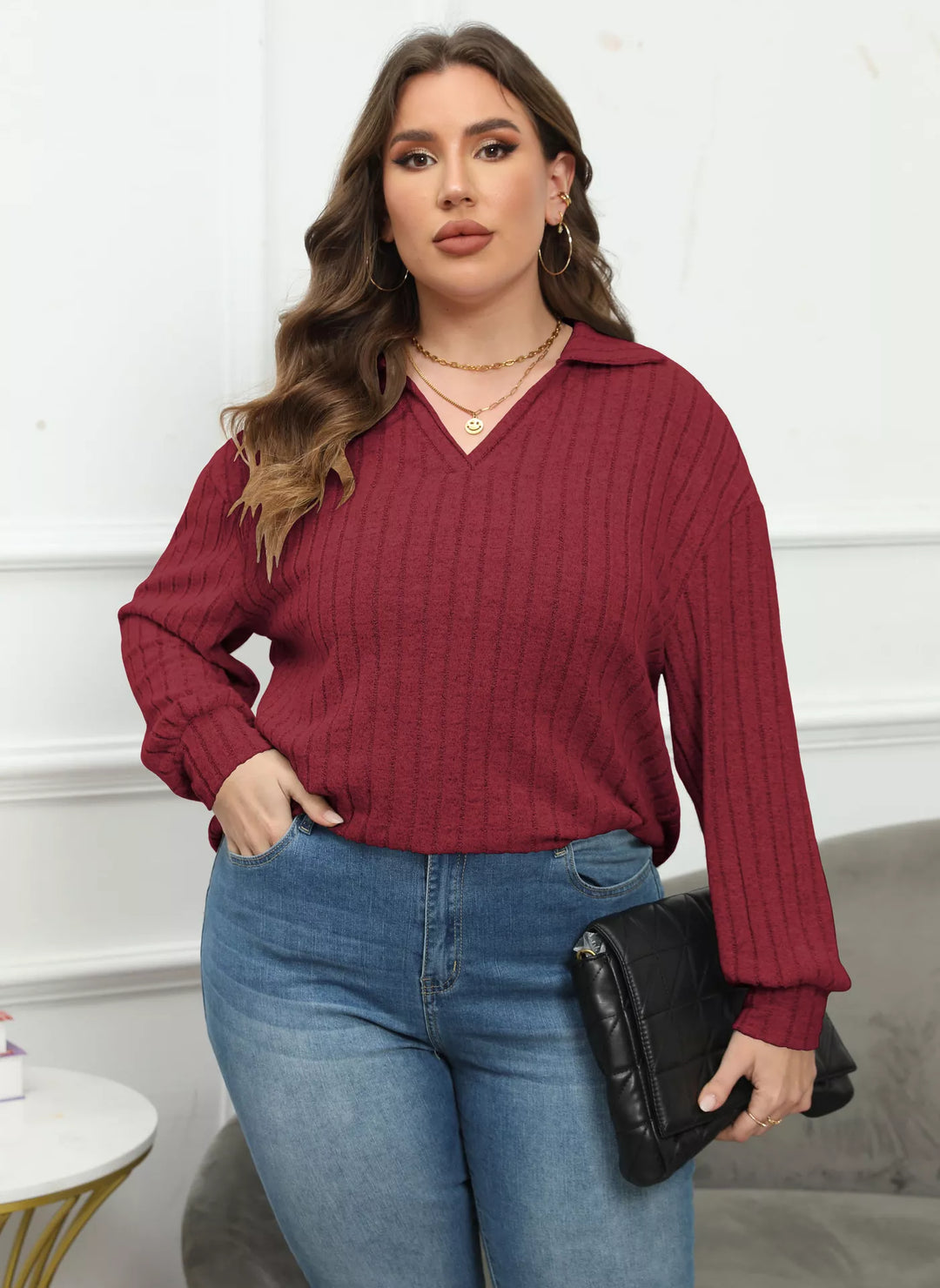 Burgundy Plus size ribbed knit polo collar long-sleeve top