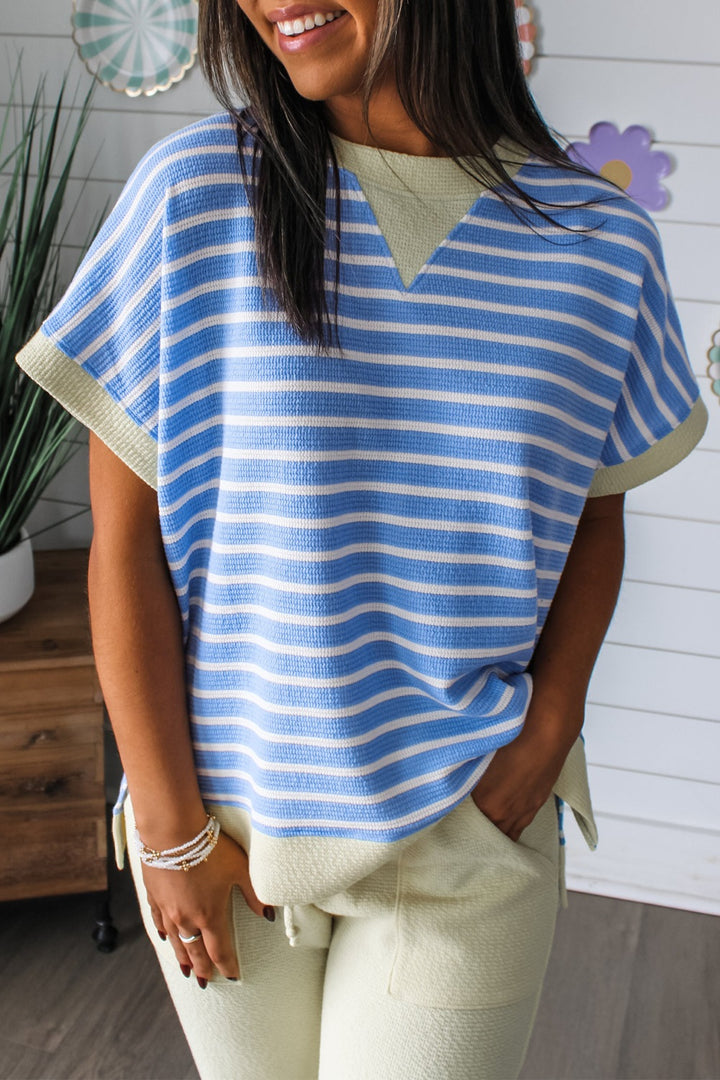 Light Blue Striped short-sleeve V-neck top with contrast trim