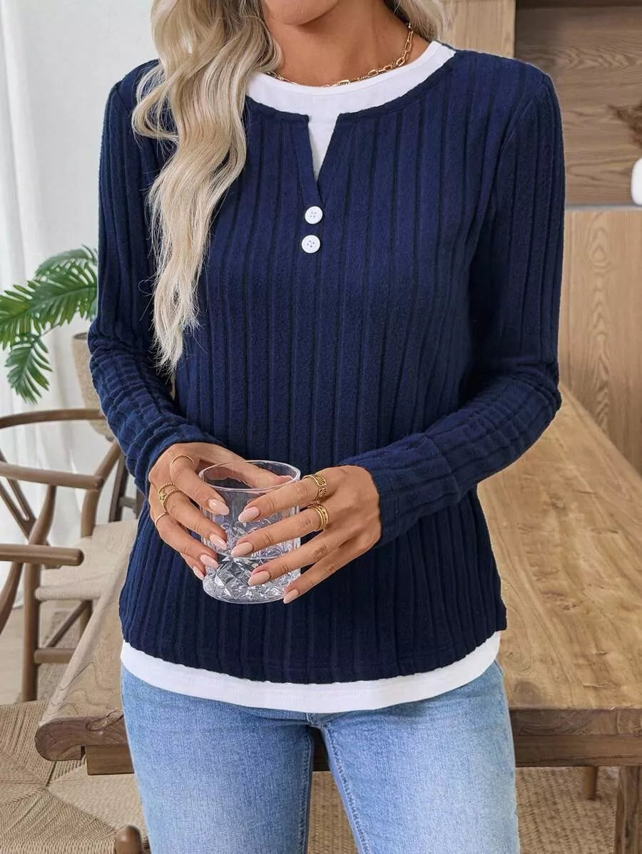 Ribbed knit long sleeve henley with contrast trim