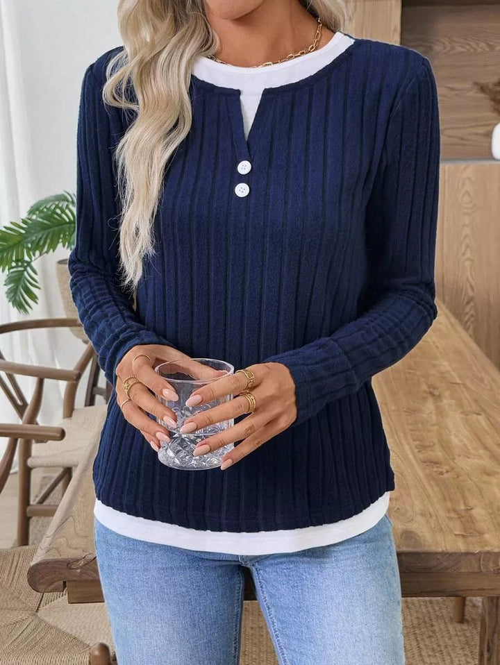 Ribbed knit long sleeve henley with contrast trim