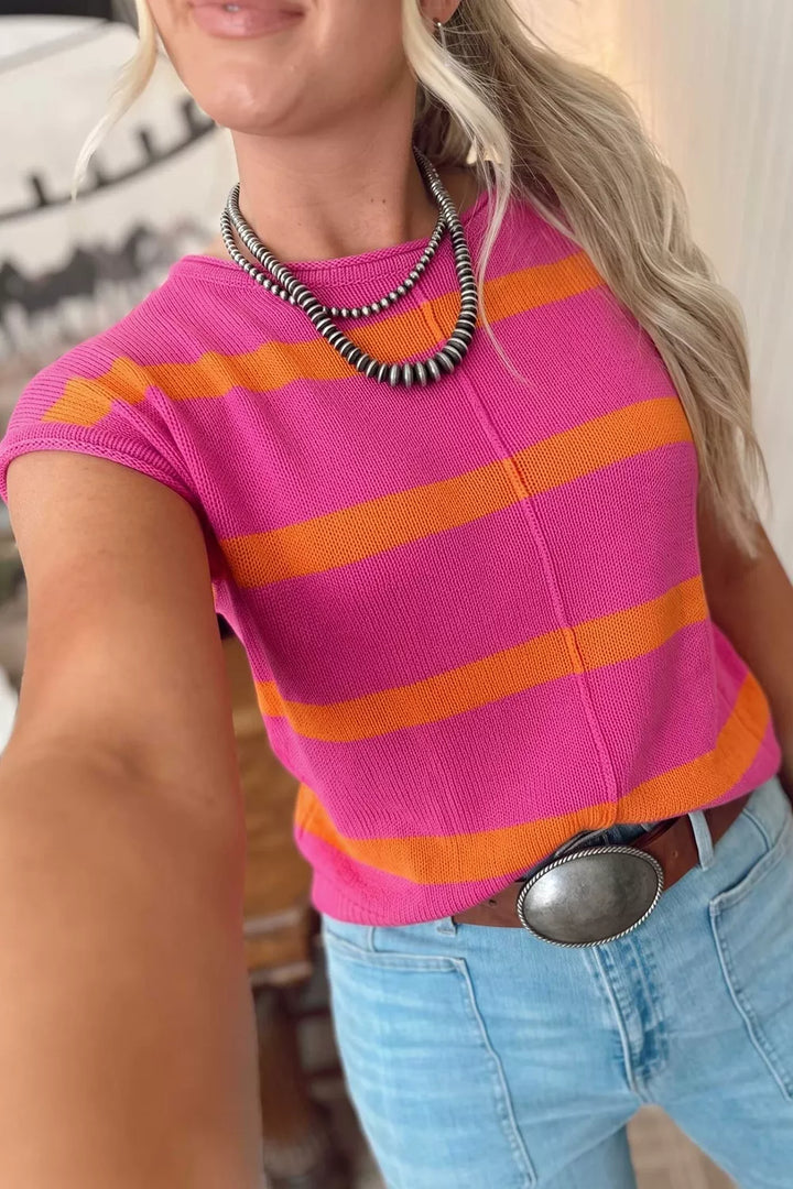 Striped knit short sleeve sweater top with center seam
