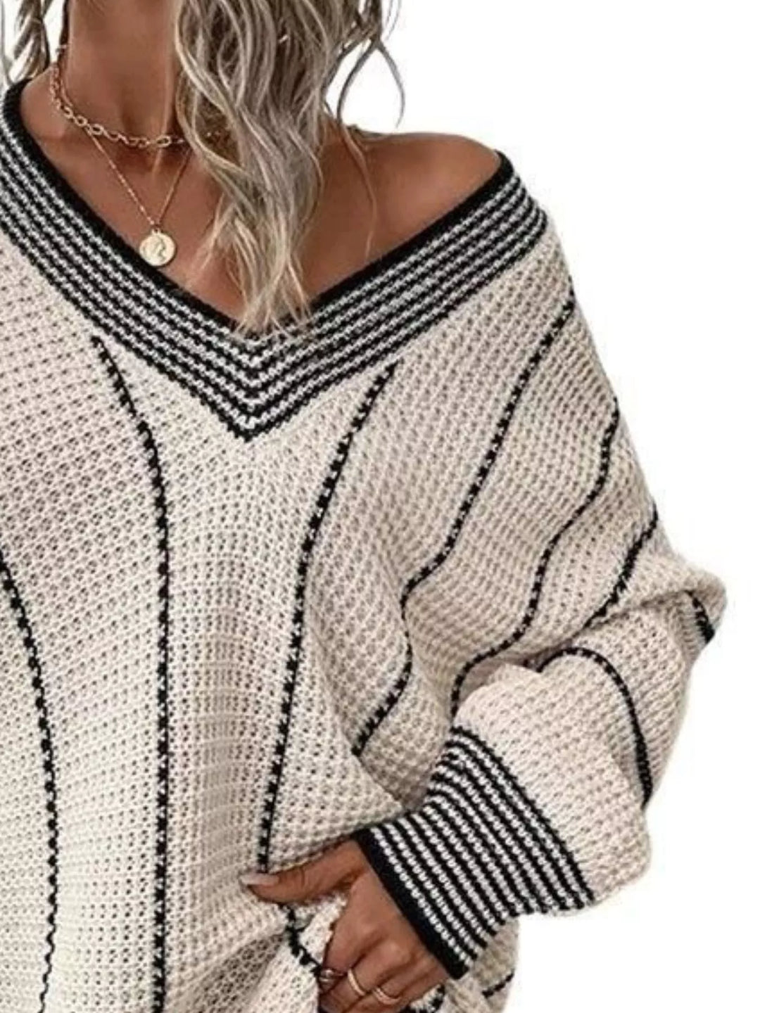 Waffle knit V-neck sweater with contrast stripe trim