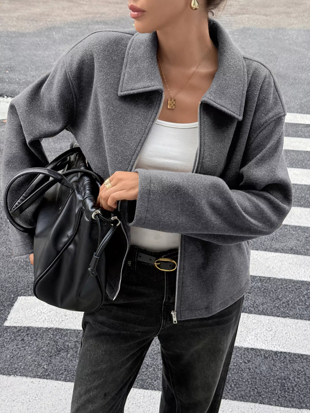 Dark Gray Zip-up dropped shoulder jacket with collar
