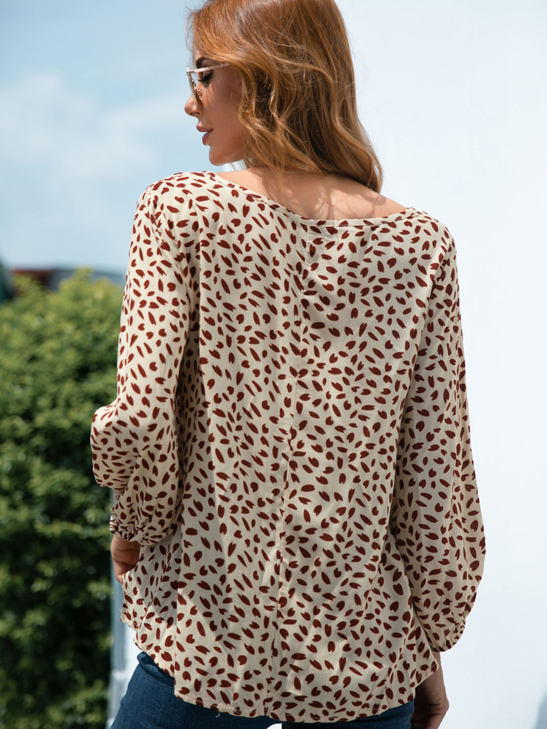 Speckled print balloon sleeve V-neck blouse