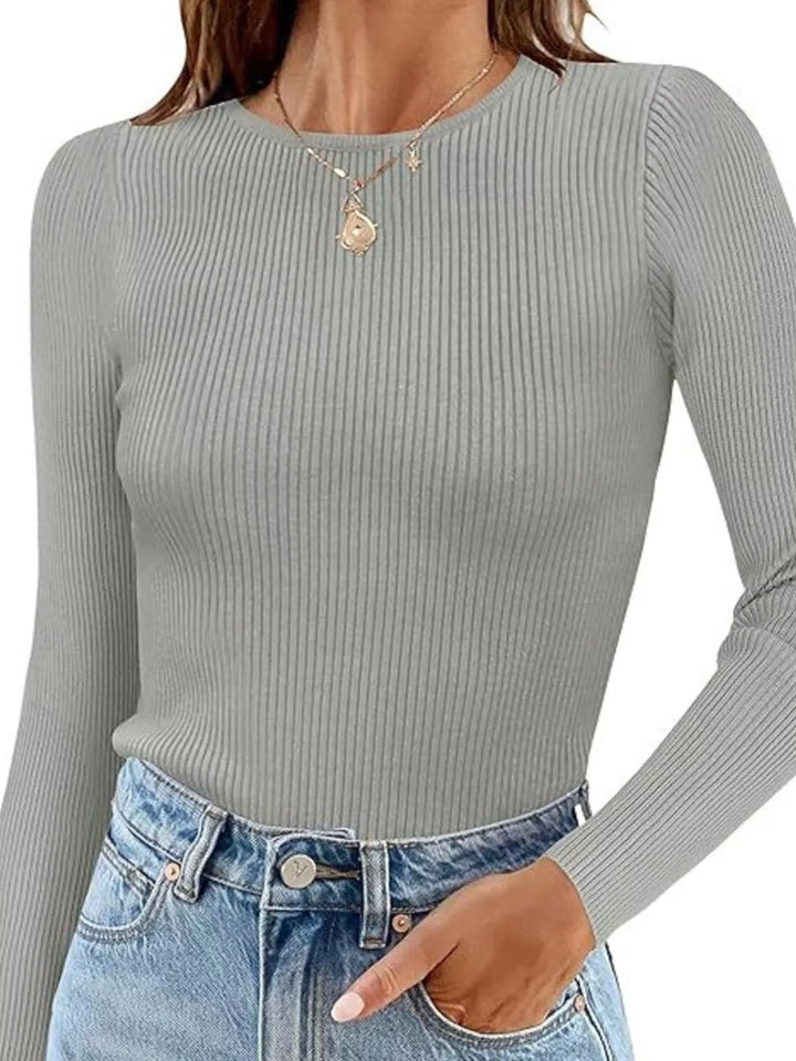 Ribbed knit slim-fit long sleeve crew top