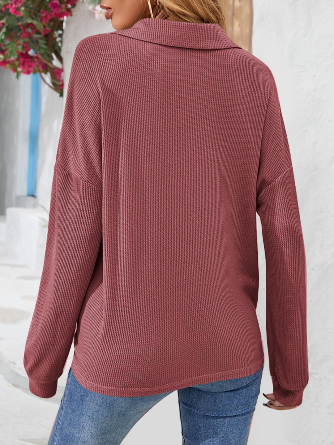 Waffle knit half-button collared long sleeve top
