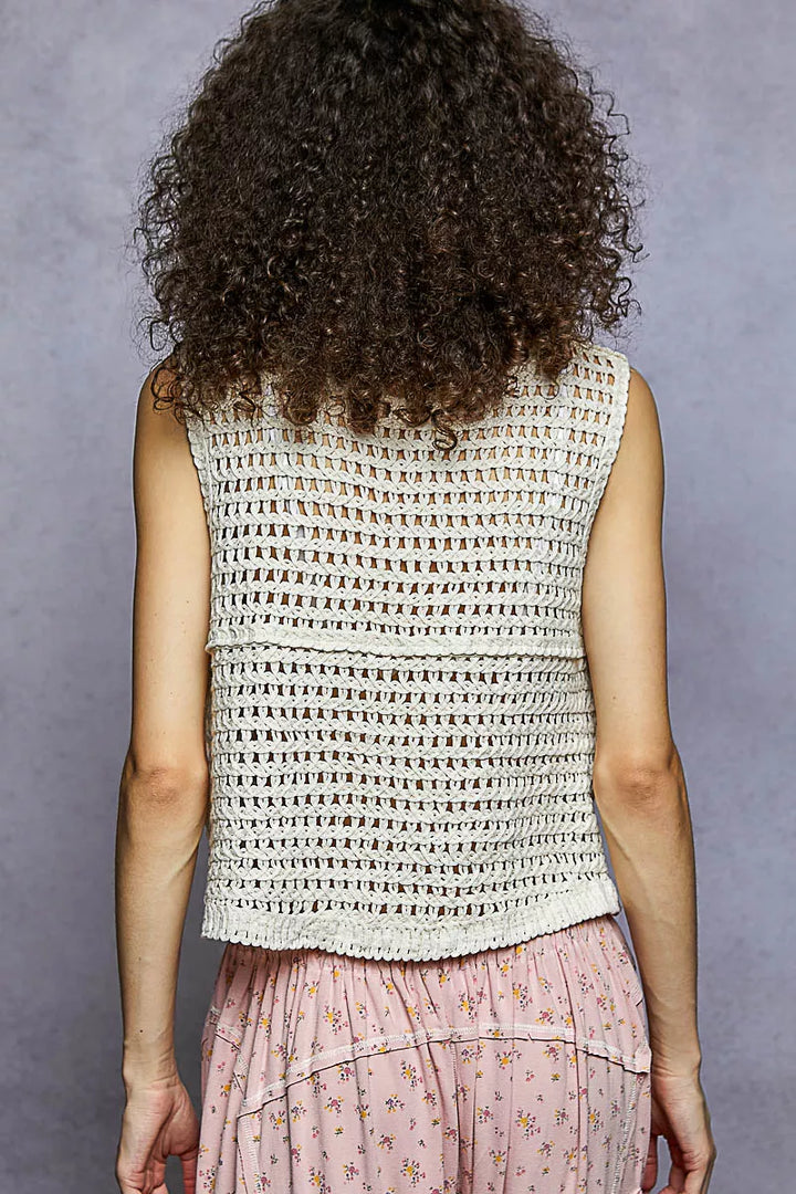 Floral embroidered button-down crop vest with crochet trim