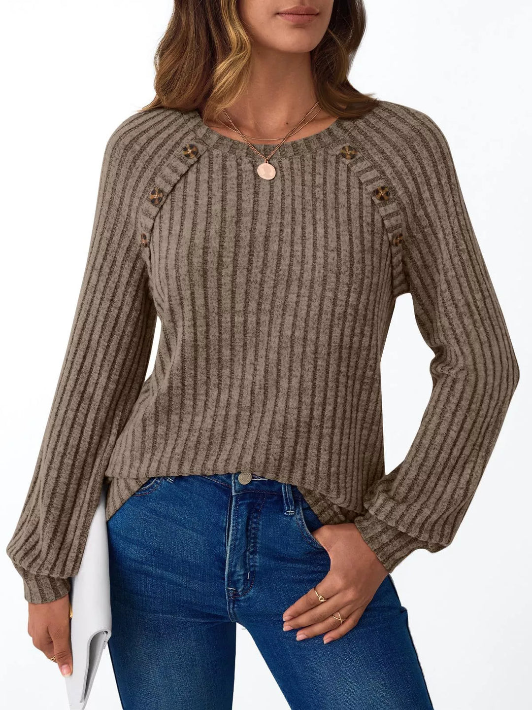 Ribbed knit long sleeve top with decorative shoulder buttons