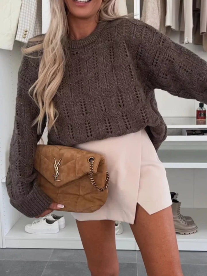 Brown Openwork pointelle knit round neck sweater