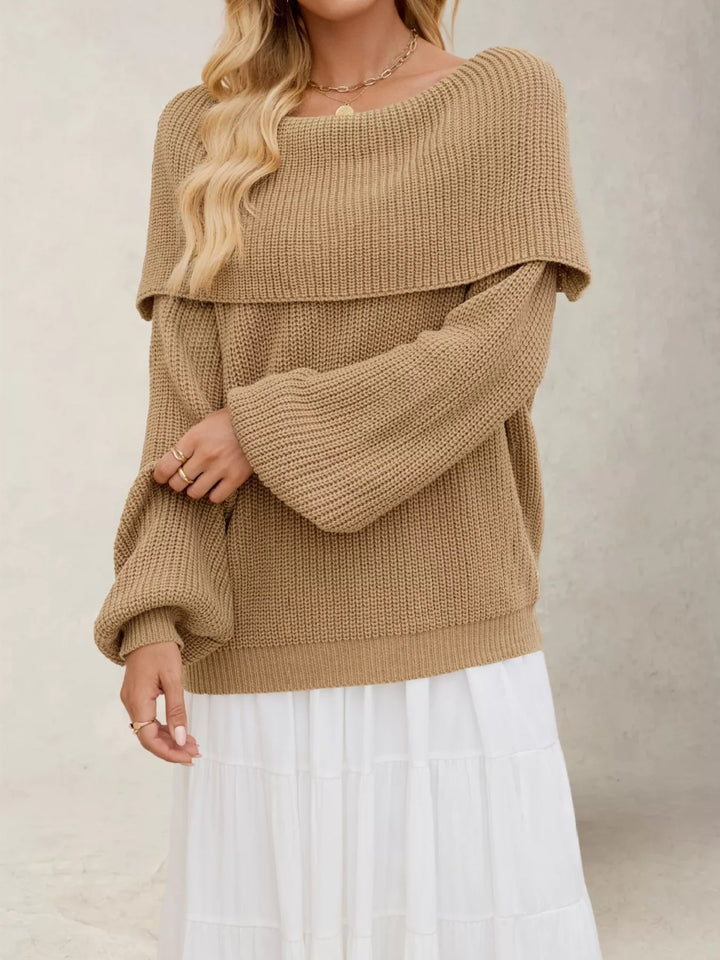Khaki Off-shoulder ribbed knit sweater with foldover collar