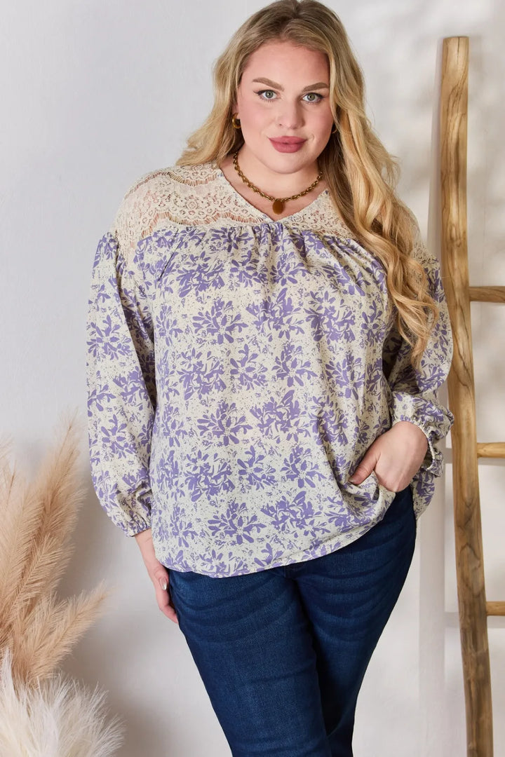 Floral print blouse with lace yoke and balloon sleeves