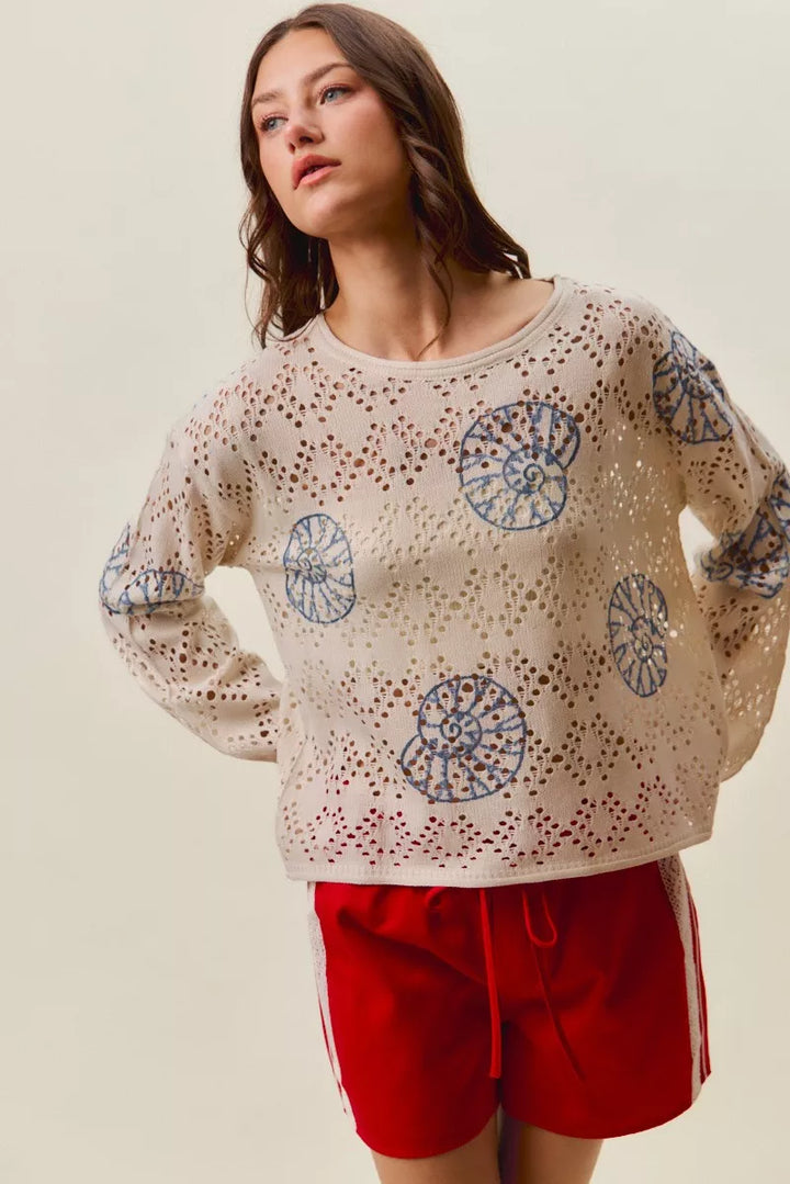 Seashell motif openwork knit long sleeve top