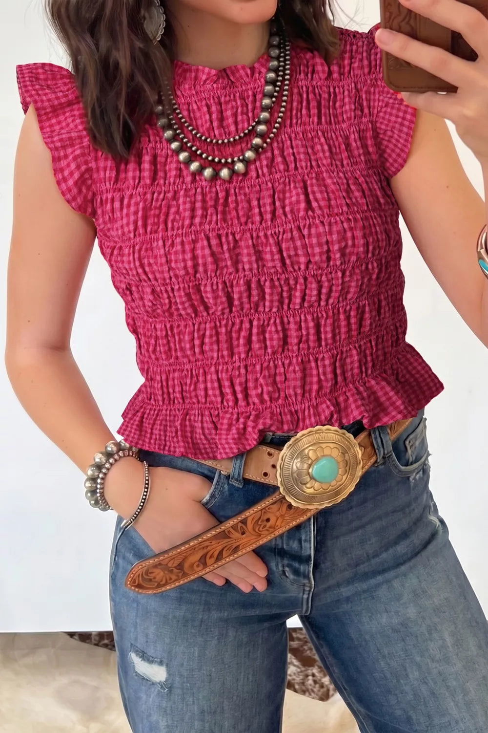 Smocked gingham ruffle sleeve crop tank top