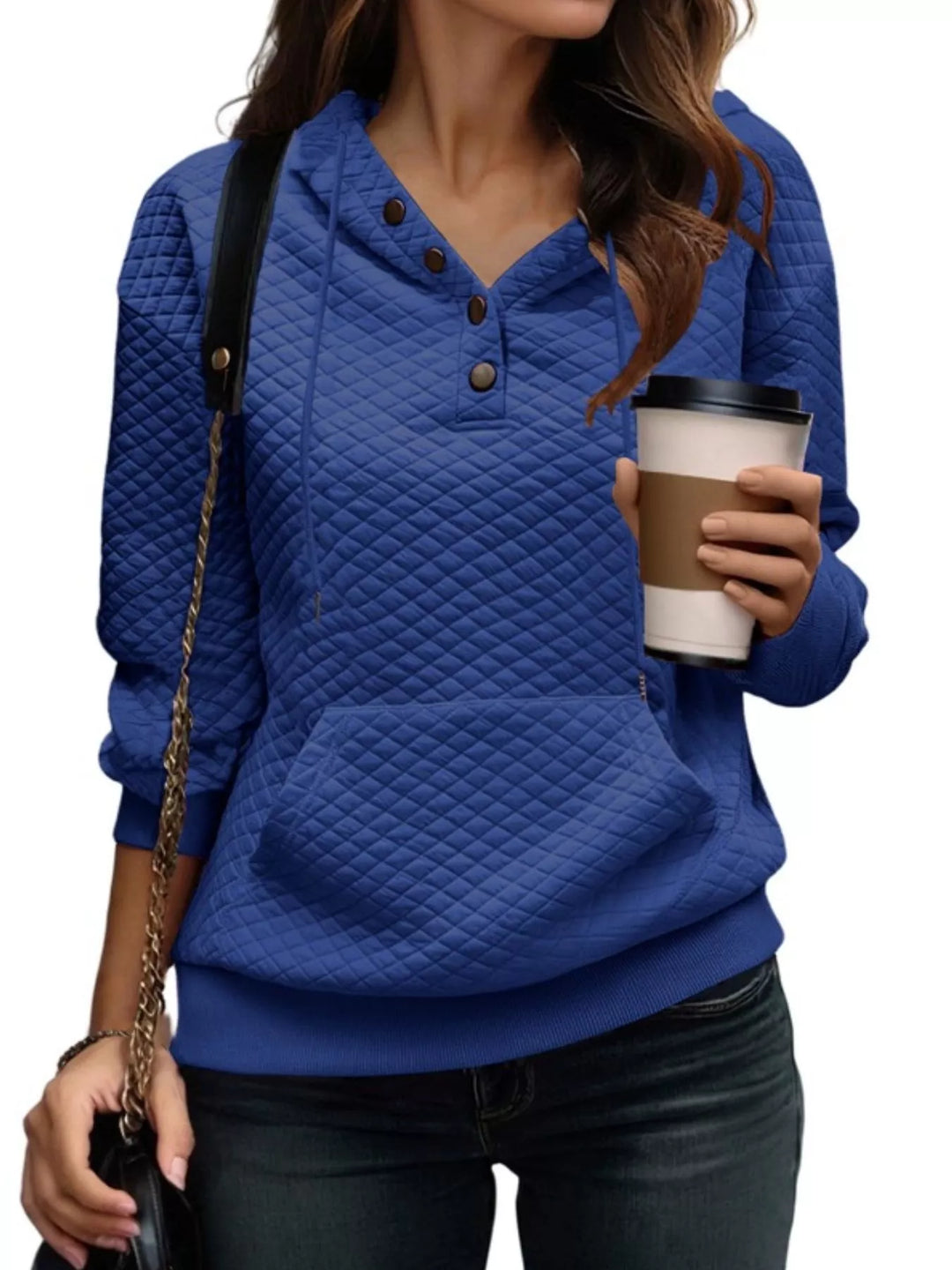Blue Diamond-textured drawstring pullover hoodie with button placket
