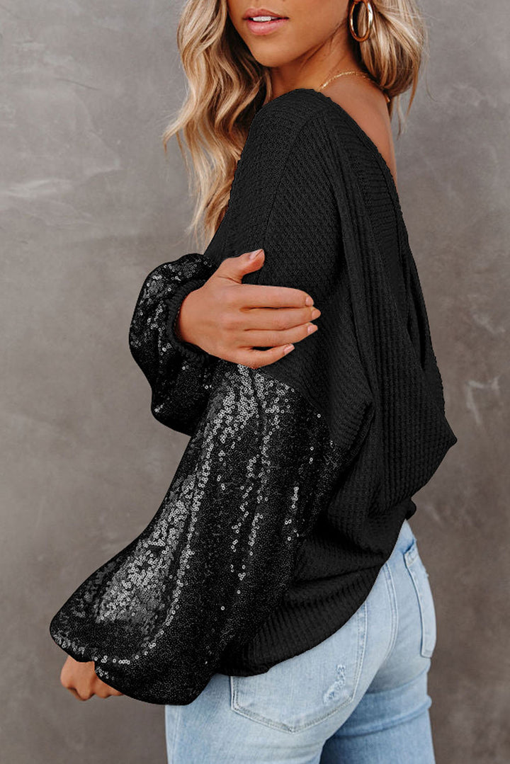 Sequin-sleeve waffle-knit top with wide neckline