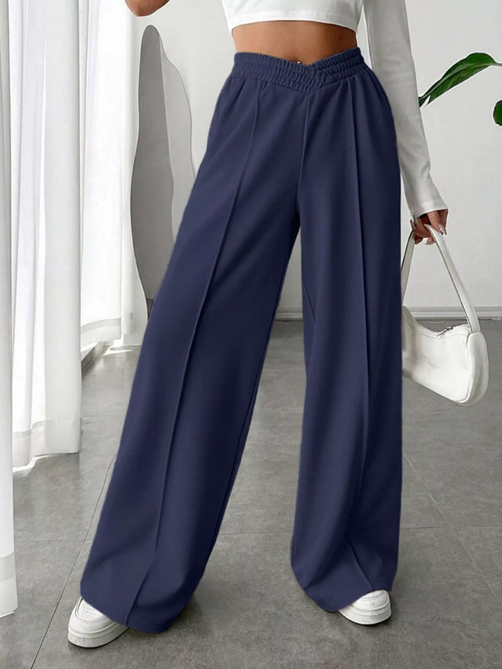 High waist wide leg pull-on pants with V-notch waistband