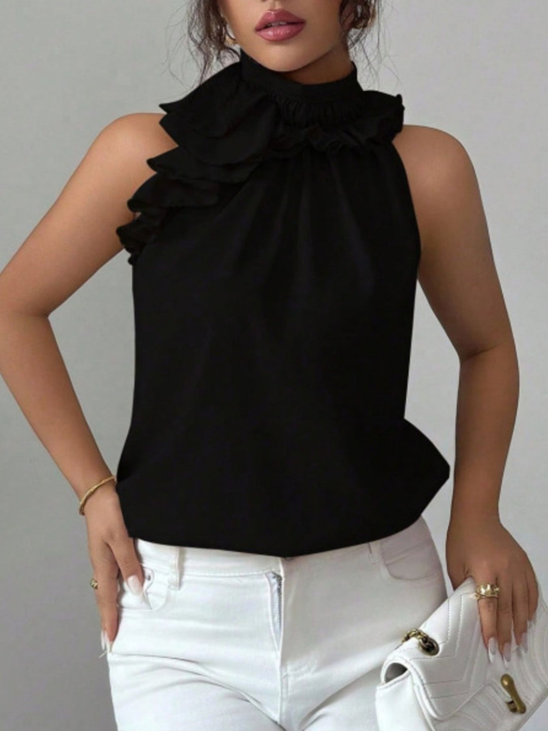 Flowy ruffle-trim high-neck sleeveless blouse