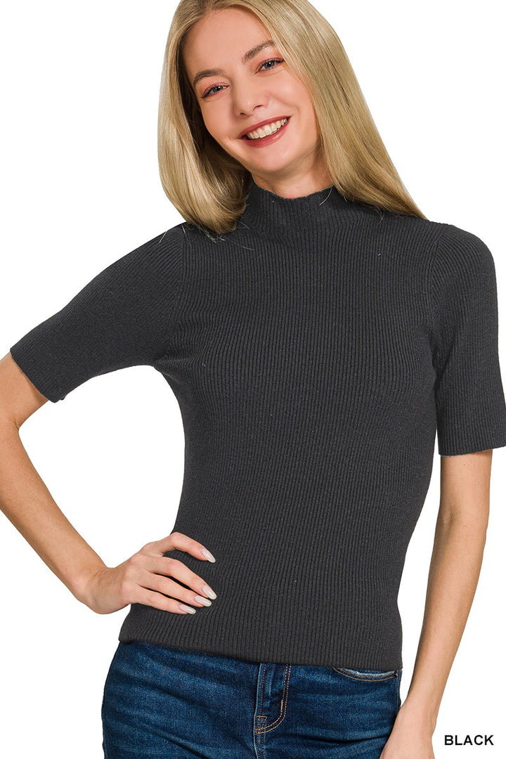 Ribbed knit mock neck short sleeve sweater top