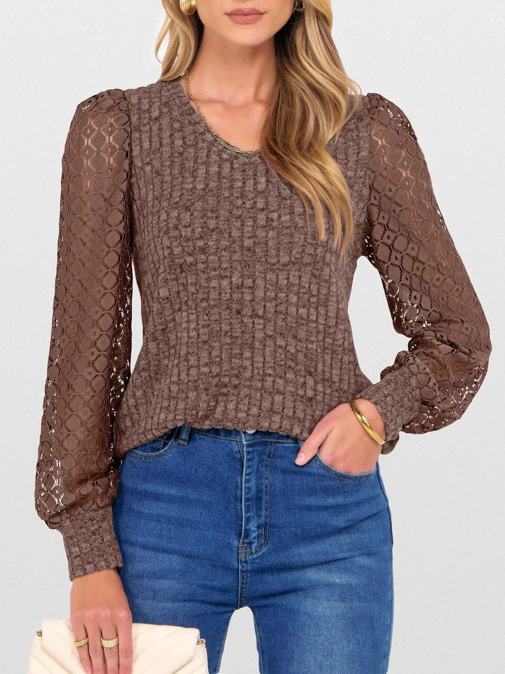 Sheer lace sleeve ribbed knit V-neck top