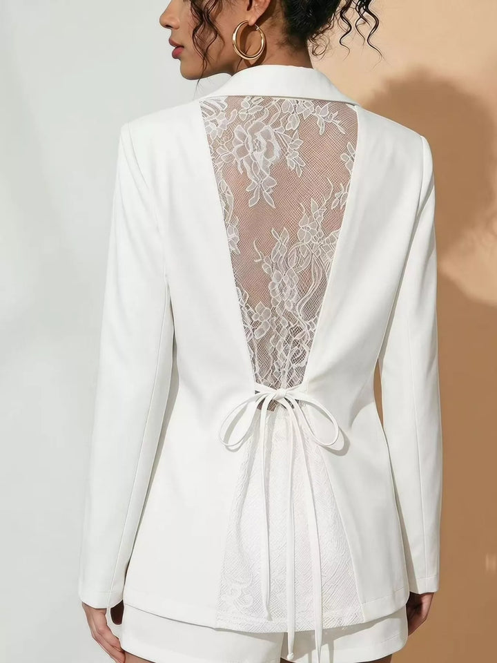 White Floral lace back one-button blazer with tie waist