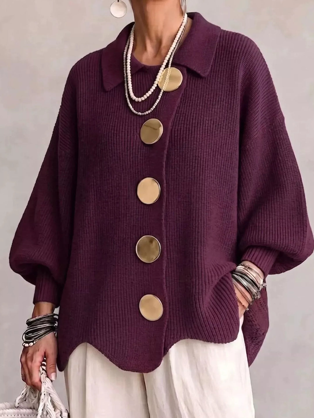 Burgundy Oversized gold button ribbed knit collared cardigan