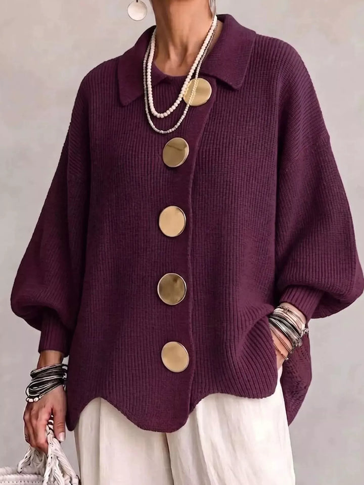 Burgundy Oversized gold button ribbed knit collared cardigan