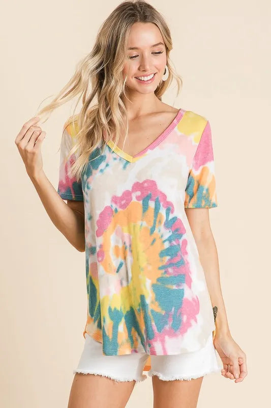 YELLOW ORANGE Circular tie-dye print V-neck short sleeve top