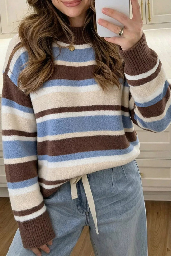 Dark Brown Striped drop shoulder mock neck pullover sweater