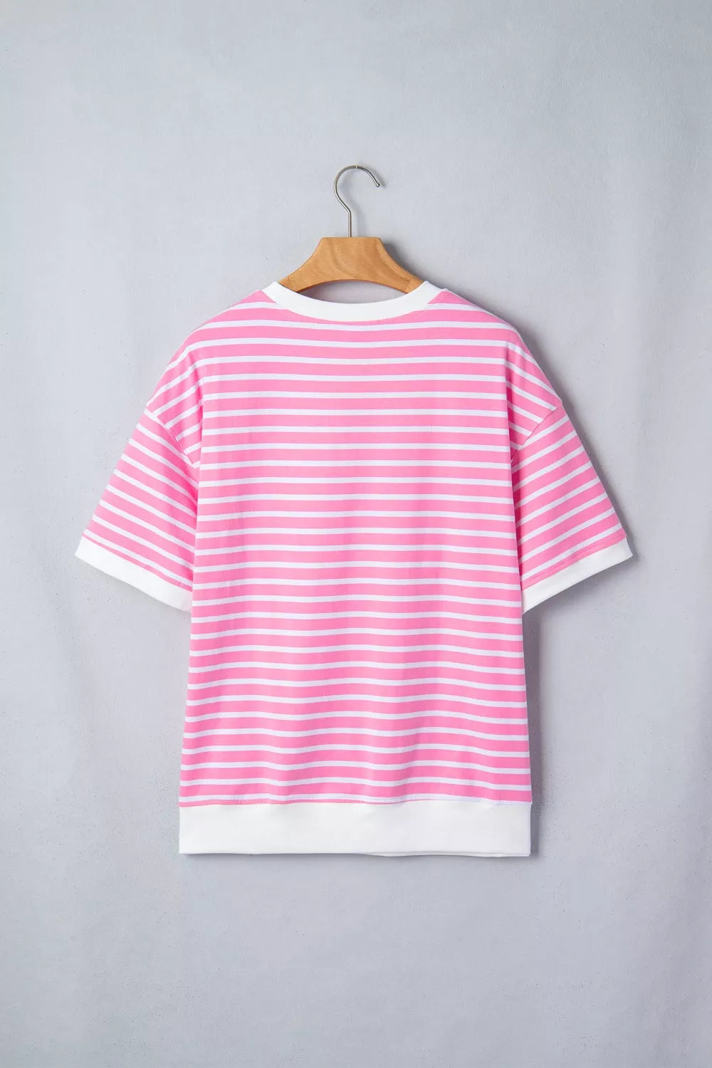 Striped drop-shoulder crew neck loose top with contrast cuffs