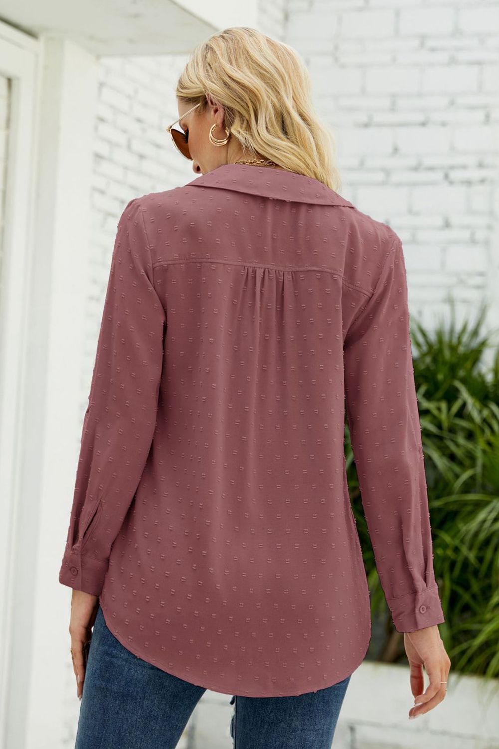 Swiss dot Johnny collar blouse with roll-tab long sleeves