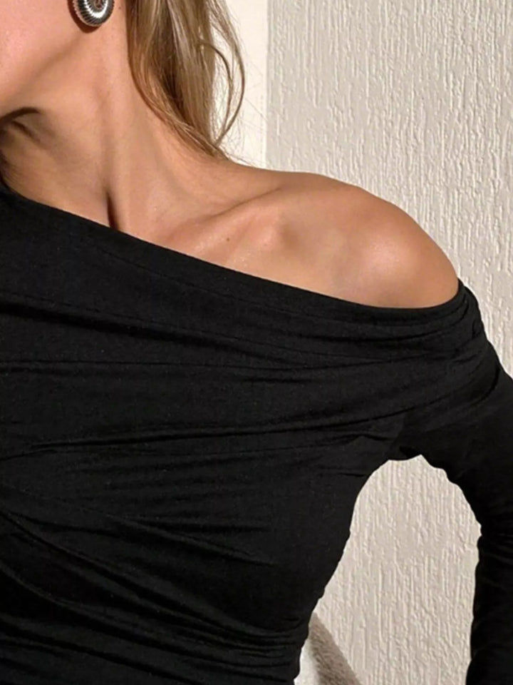 Ruched asymmetric off-shoulder long sleeve top