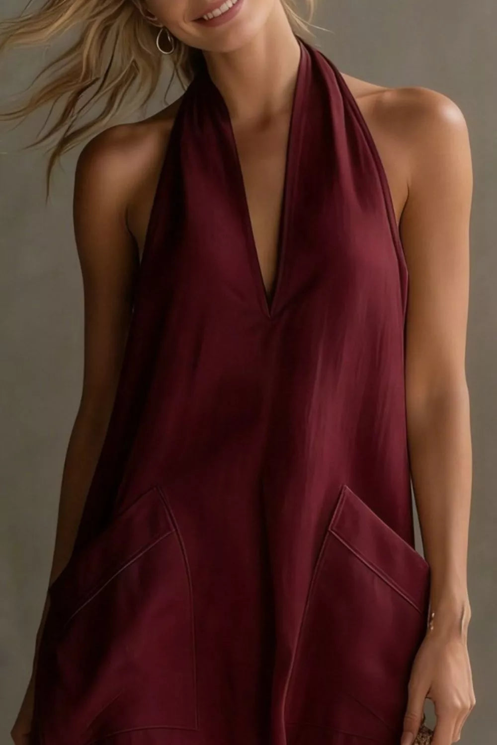 Relaxed halter neck midi dress with patch pockets