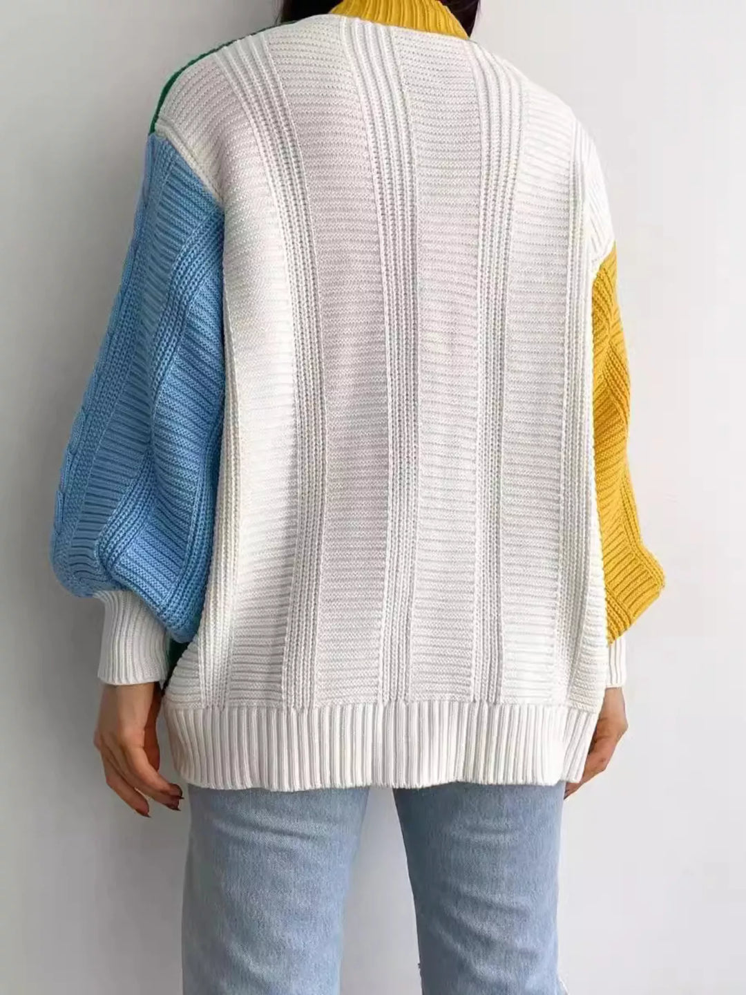 Color block cable-knit button-down cardigan