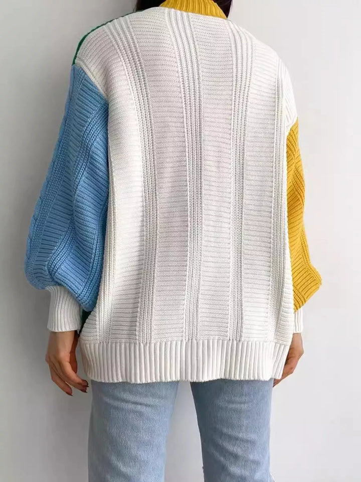 Color block cable-knit button-down cardigan
