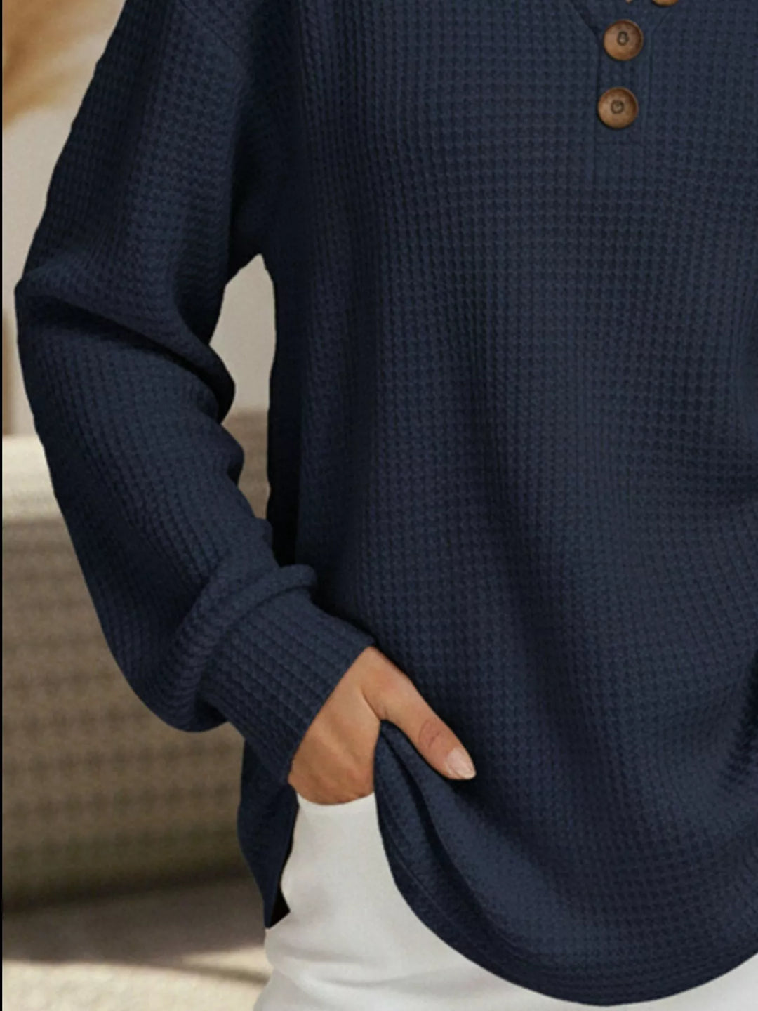 Waffle-knit long sleeve henley top with buttoned V-neck