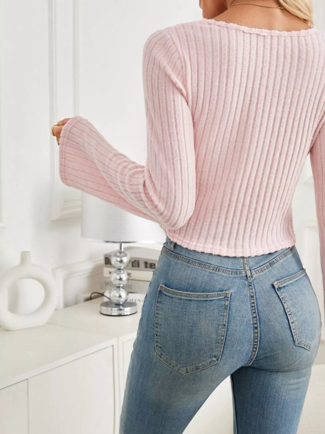 Ruched drawstring ribbed knit long sleeve top