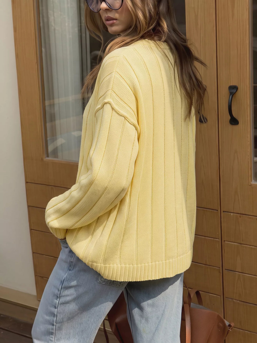 Ribbed knit button-front cardigan with dropped shoulders