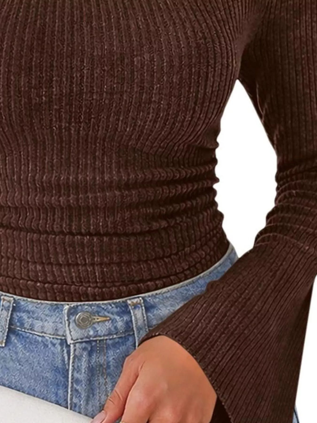 Ribbed knit cowl neck top with flared bell sleeves