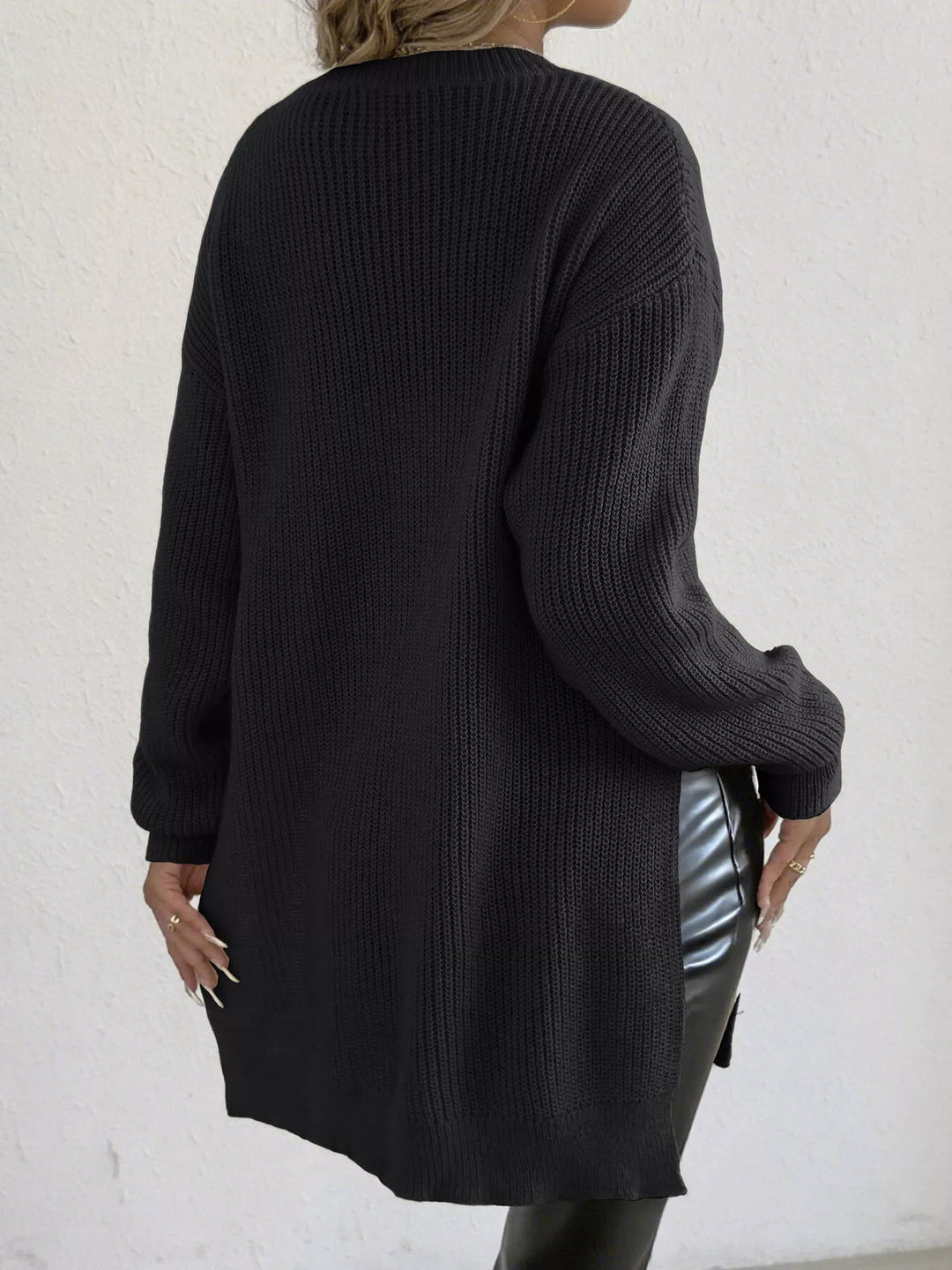 Side-slit ribbed knit tunic sweater with drop shoulders