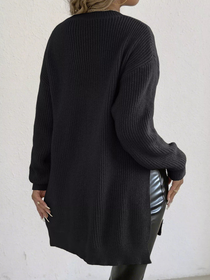 Side-slit ribbed knit tunic sweater with drop shoulders