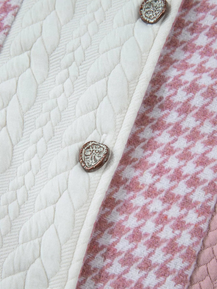 Houndstooth color block button-down shacket with chest pocket