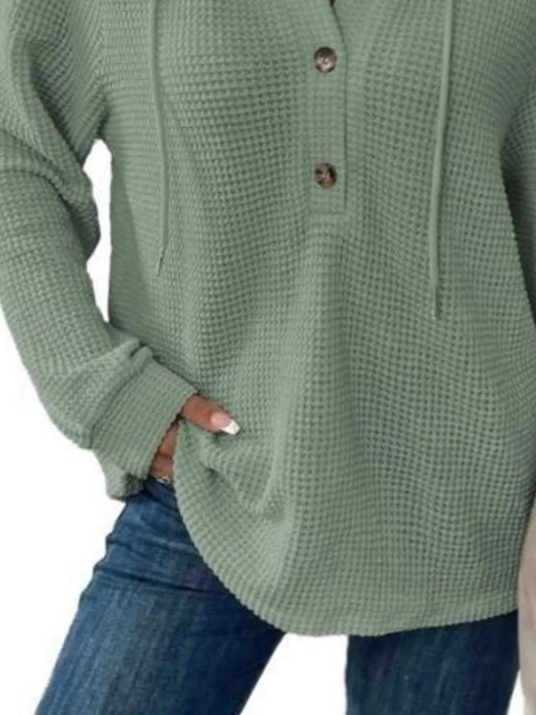 Button-detail waffle knit hoodie with drawstring hood