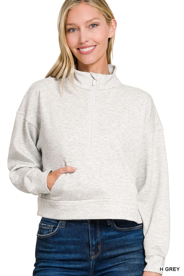 H GREY Scuba half-zip pullover sweatshirt with kangaroo pocket