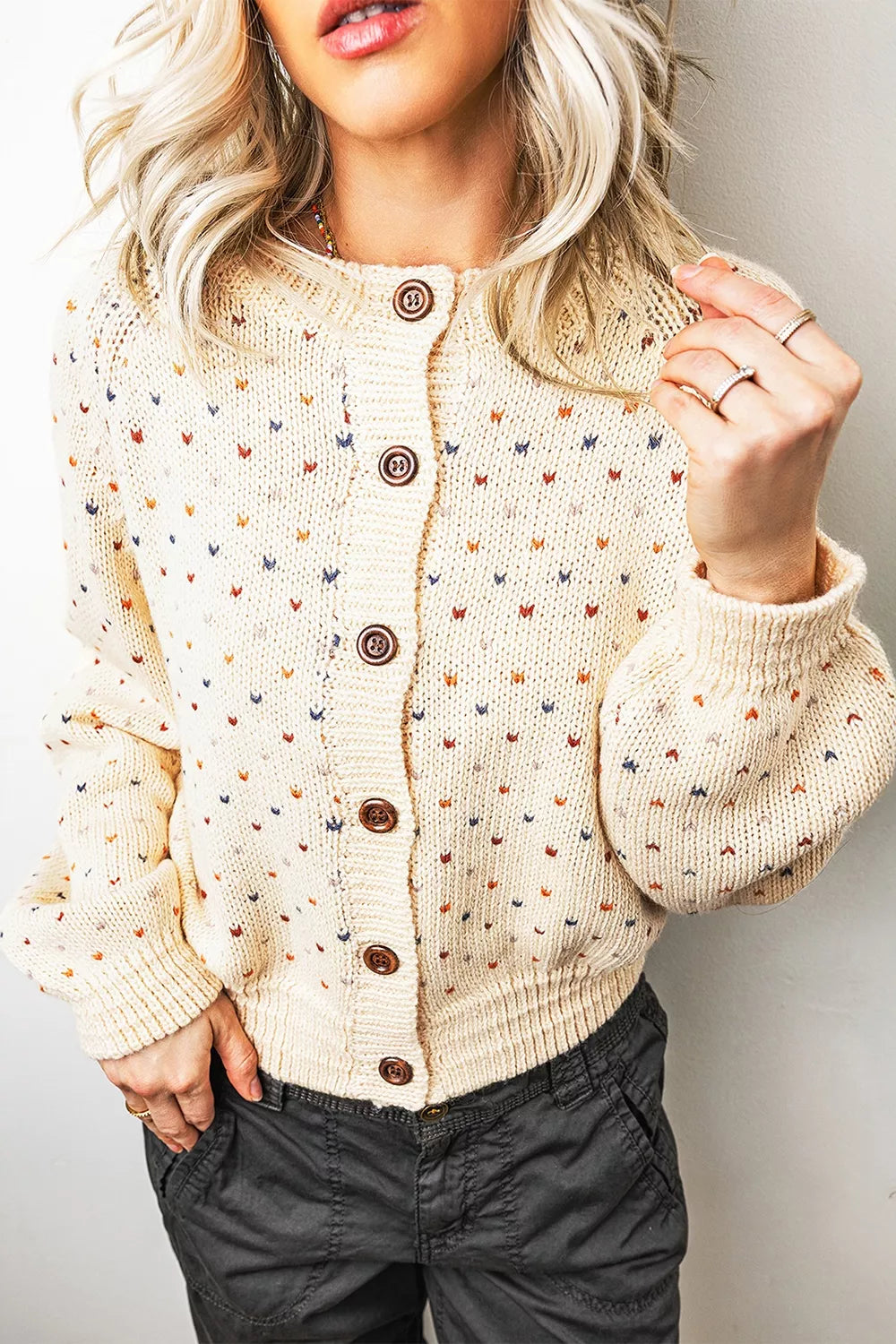 Speckled dot knit button-front cardigan with balloon sleeves